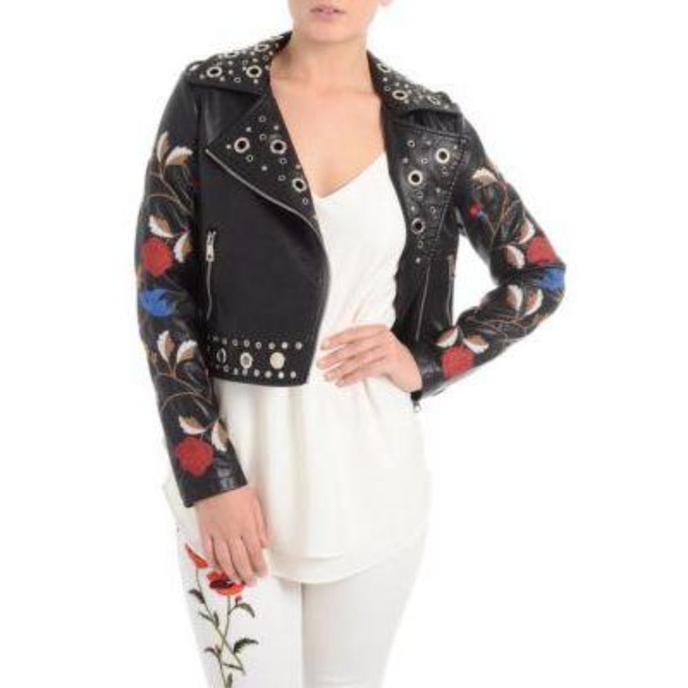 Romeo&Juliet Couture Embroidered Fx Leather Jacket - Picture 1 of 5